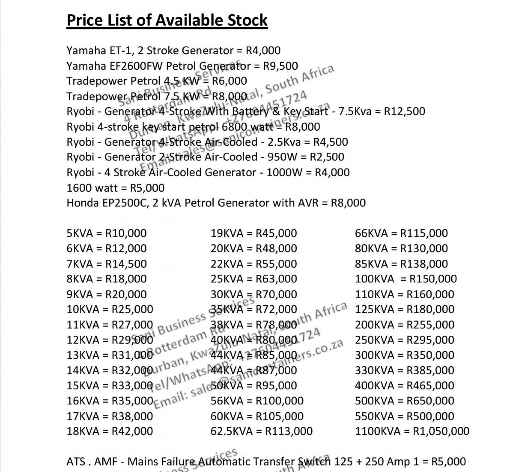 gallery/price list of available stock